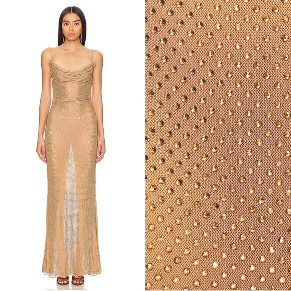 Retrofete Shilo Crystal Embellished Silk Sheer Cowl Neck Gold Maxi Dress Sz M - Picture 4 of 13